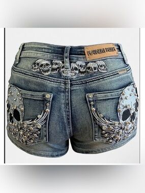 Platinum Plush Tribe of Skulls Rhinestone Shorts  Size XL